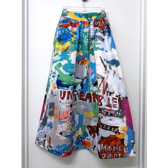 Alice + Olivia Basquiat Unbreakable Print Tina Maxi Skirt Blue Doodle Paint 2 - Picture 2 of 12